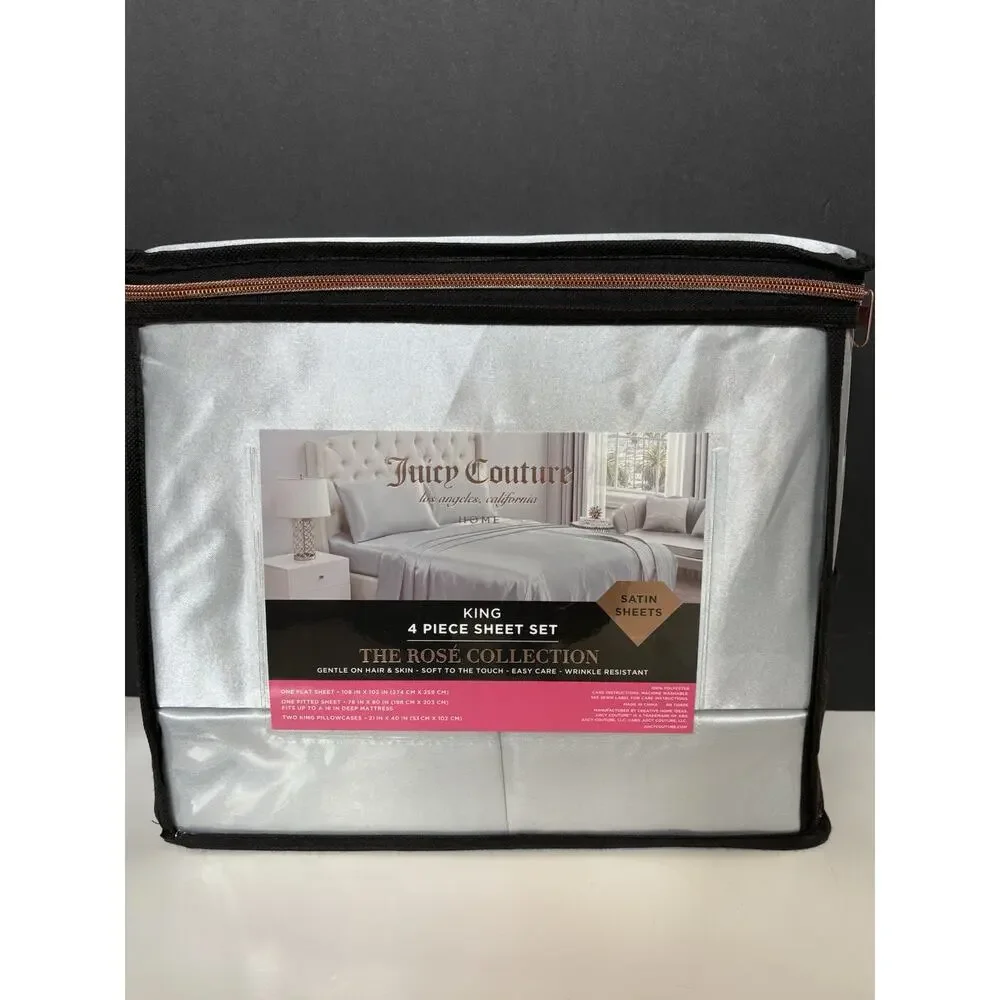 Juicy Couture Home King Size Satin Sheet Set 4 PC The Rose Collection Gray New